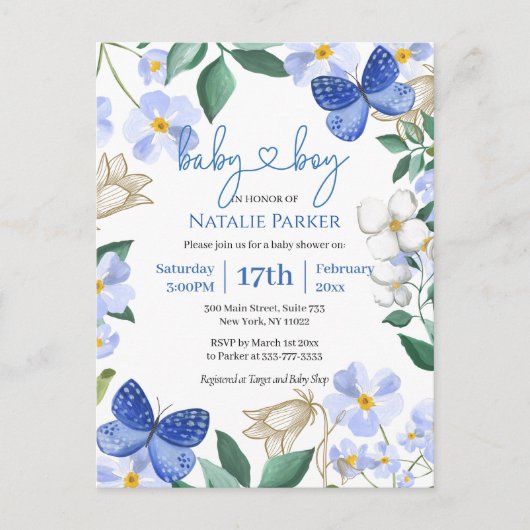 Blauer Butterfly Blumenblätterjunge Babydusche Einladungspostkarte (Vorderseite)