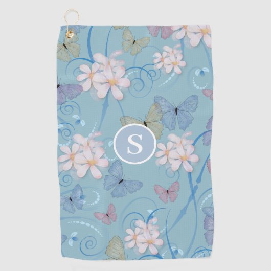 Blauer Butterfly-Floral-Monogramm Golfhandtuch (Vorderseite)