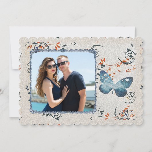 Blauer Butterfly & Leaf Wirbel Save The Date (Rückseite)