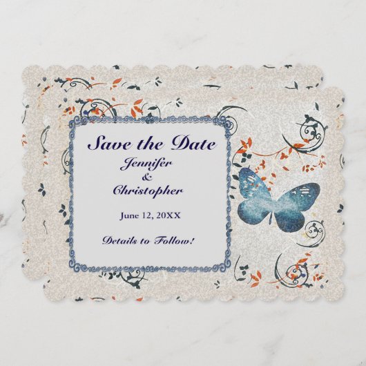 Blauer Butterfly & Leaf Wirbel Save The Date (Vorne/Hinten)