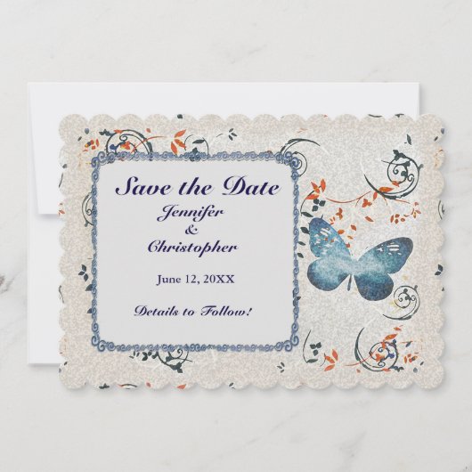Blauer Butterfly & Leaf Wirbel Save The Date (Vorderseite)