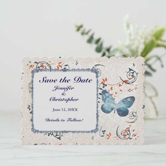 Blauer Butterfly & Leaf Wirbel Save The Date (Stehend Vorderseite)