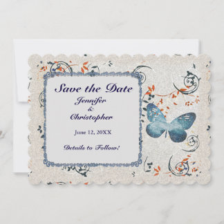 Blauer Butterfly & Leaf Wirbel Save The Date