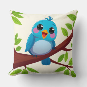 Blauer Cartoon Bird auf Zweig mit Blätter Kissen