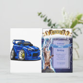 Blauer Cartoon für die Fahrzeuggeschwindigkeit - F Einladung (Stehend Vorderseite)