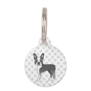 Blauer Cartoon-Hund der Rasse Boston Terrier mit I Haustiermarke