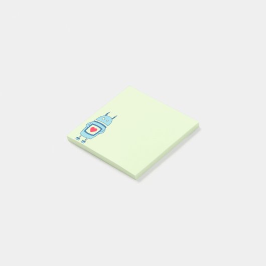 Blauer Cartoon-Roboter mit Herzen Post-it Klebezettel (angewinkelt)