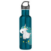 Blauer Cartoon Unicorn mit Sternen Edelstahlflasche (Vorderseite)