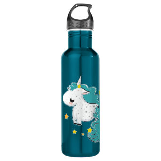 Blauer Cartoon Unicorn mit Sternen Edelstahlflasche