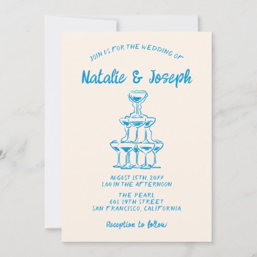 Blauer Champagnerturm Hochzeit in Handgezeichnetes Einladung (Vorderseite)