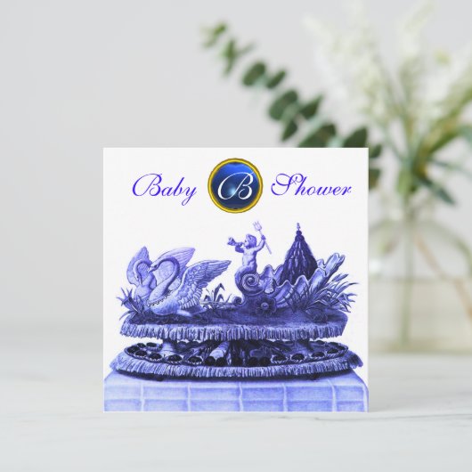 BLAUER CHARIOT VON SWANS / KUPCAKES BOY BABY SHOWE EINLADUNG (Stehend Vorderseite)