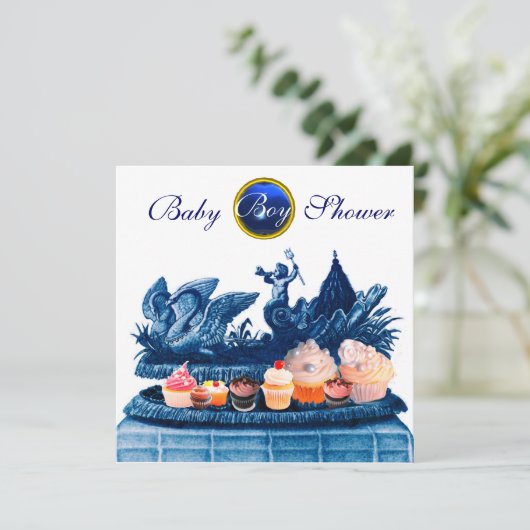 BLAUER CHARIOT VON SWANS / KUPCAKES BOY BABY SHOWE EINLADUNG (Stehend Vorderseite)