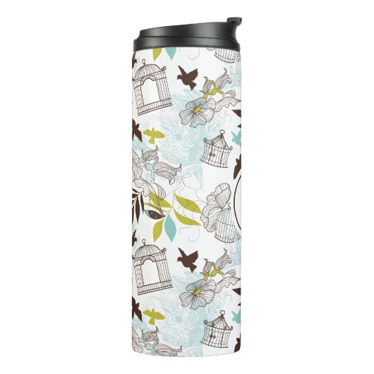 Blauer Chartreuse Birdcages Blumenmuster Monogramm Thermosbecher (Nach links gedreht)