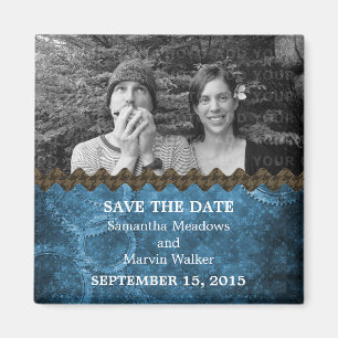 Blauer Chic Steampunk Foto-Save the Date Magnet