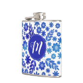 Blauer China, Blütenmuster und Monogramm Flachmann (Links)