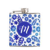 Blauer China, Blütenmuster und Monogramm Flachmann (Vorderseite)