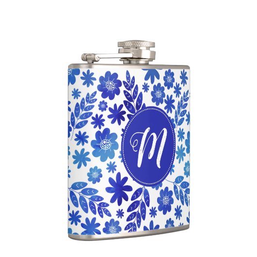 Blauer China, Blütenmuster und Monogramm Flachmann (Rechts)