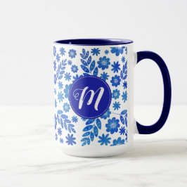 Blauer China, Blütenmuster und Monogramm Tasse