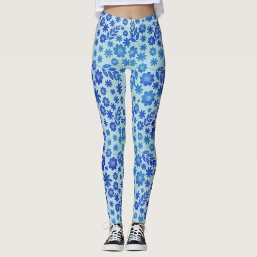 Blauer China Handgezeichnetes Blumenmuster Leggings (Vorderseite)