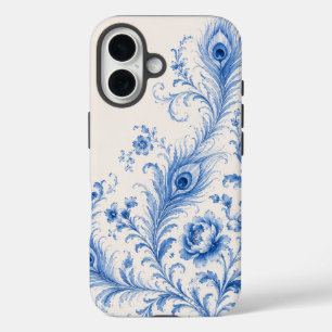 Blauer Chinoiserie-Pfauenfeder-Handyhülle iPhone 16 Hülle