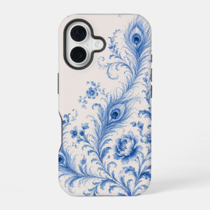 Blauer Chinoiserie-Pfauenfeder-Handyhülle iPhone 16 Hülle
