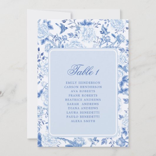 Blauer Chinoiserie-Toile-Sitzplan-Tischnummer (Vorderseite)