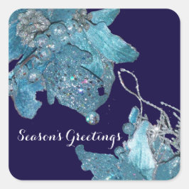 BLAUER CHRISTMAS STAR , ELEGANTER BLUME IN GLITZER QUADRATISCHER AUFKLEBER