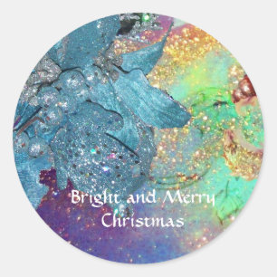 BLAUER CHRISTMAS STAR , ELEGANTER BLUME IN GLITZER RUNDER AUFKLEBER