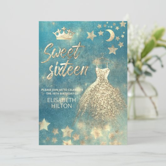Blauer cooler Himmelsmond und Sterne 16 . Geburtst Einladung (Stehend Vorderseite)