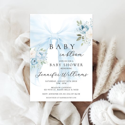 Blauer Coquette Bow Baby in Blüte Boy Dusche Einladung