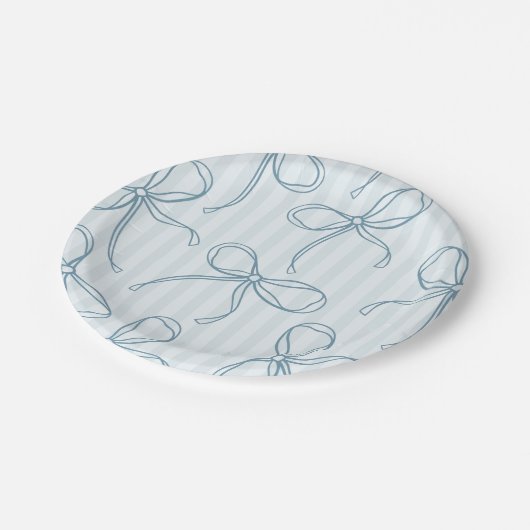 Blauer Coquette Bow Pastellfarben Streifen Tischde Pappteller (Schrägansicht)