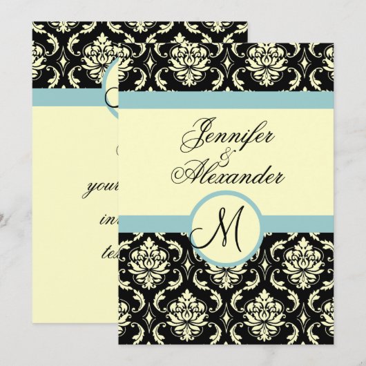 Blauer Creme Hochzeitmongramm Damask Einladung (Vorne/Hinten)