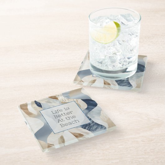 Blauer Cremesand Abstrakt Glasuntersetzer (Schrägansicht)