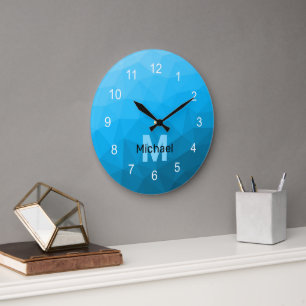 Blauer Cyan-Verlauf geometrisches Mesh-Muster Mono Große Wanduhr