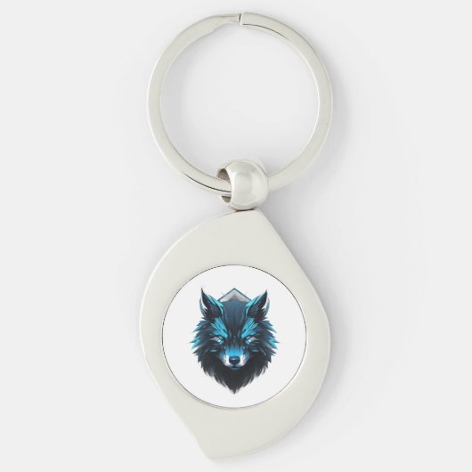 Blauer Cyber-Wolf-Grafik Schlüsselanhänger (Vorderseite)