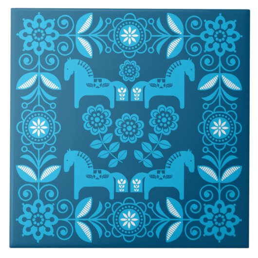 Blauer Dala Schwedischer Pferdedruck Fliese (Vorderseite)