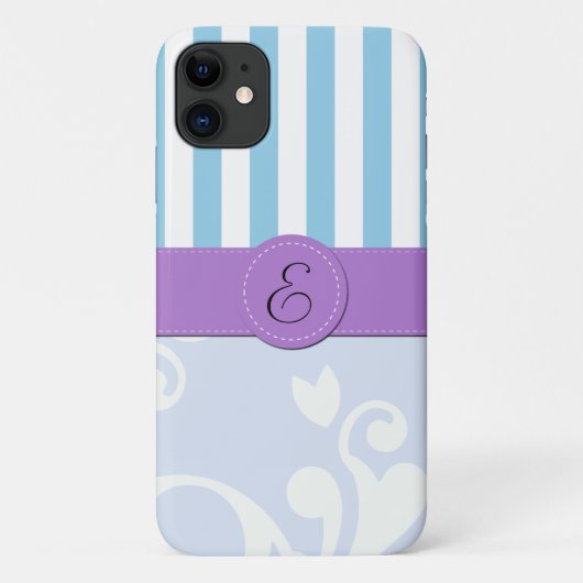 Blauer Damast, blaue Streifen, Streifen, Monogramm Case-Mate iPhone Hülle (Rückseite)