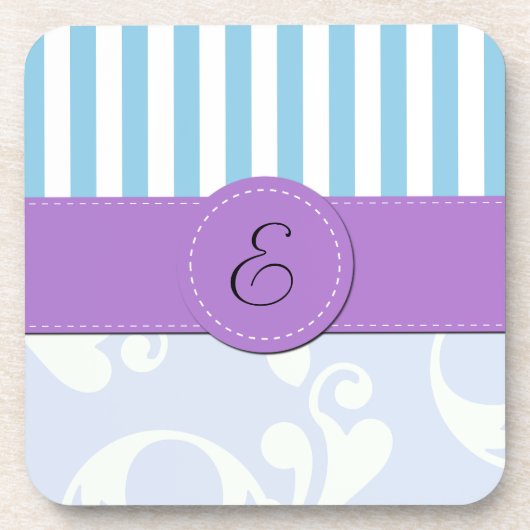 Blauer Damast, blaue Streifen, Streifen, Monogramm Untersetzer (Vorderseite)