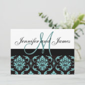 Blauer Damast Einladung zur Hochzeit mit Monogramm (Stehend Vorderseite)