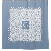 Blauer Damast, geschmolzene Ränder und Monogramm Duschvorhang (Vorderseite)