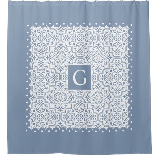 Blauer Damast, geschmolzene Ränder und Monogramm Duschvorhang (Vorderseite)
