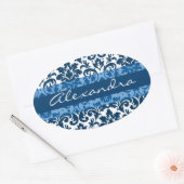 Blauer Damast-Kalligraphie, anpassbare Kunst Ovaler Aufkleber (Umschlag)