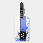 Blauer Damast Muster und Monogramm Gepäckanhänger (Vorderseite vertikal)