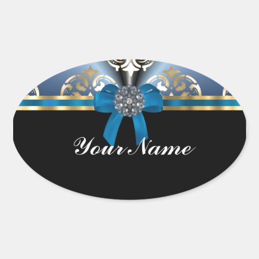 Blauer Damast Ovaler Aufkleber (Vorderseite)
