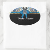 Blauer Damast Ovaler Aufkleber (Tasche)