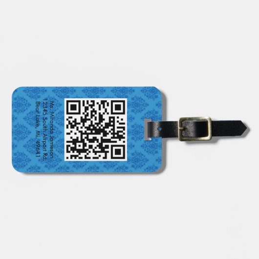 Blauer Damast QR CODE Gewohnheits-Gepäckanhänger Gepäckanhänger (Vorderseite horizontal)