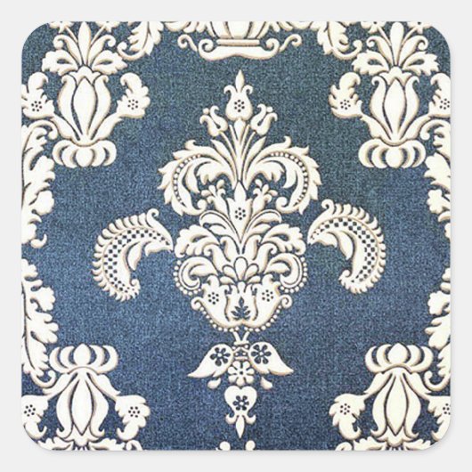 Blauer Damast Quadratischer Aufkleber (Vorderseite)