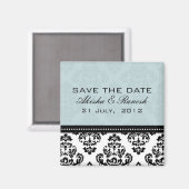 Blauer Damast-Save the Date Magnet (Vorderseite/Rückseite)