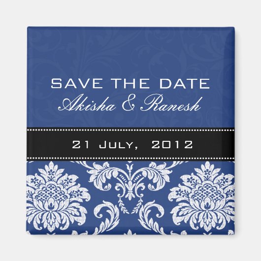 Blauer Damast-Save the Date Magnet (Vorne)