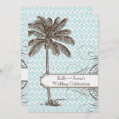 Blauer Damast-tropische Palmen-Hochzeits-Einladung Einladung (Vorne/Hinten)